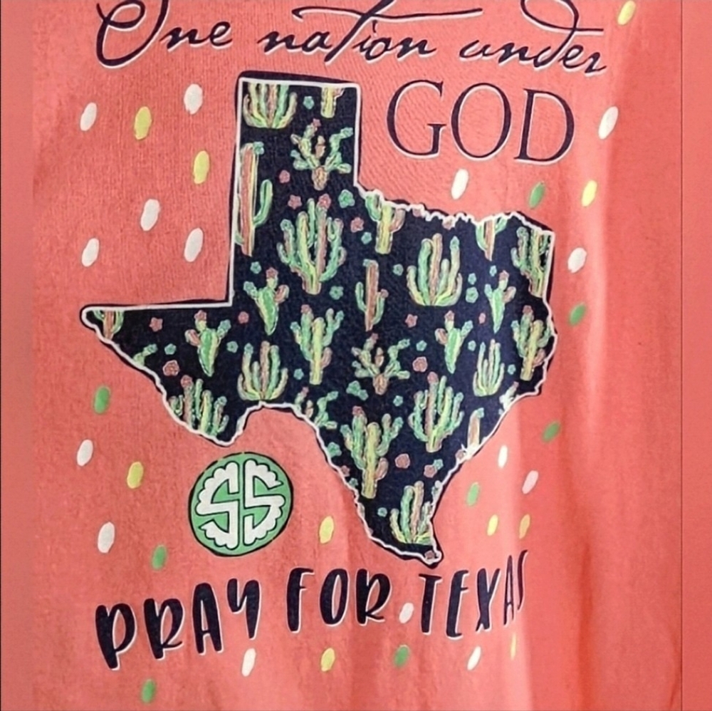Simply Southern. One Nation Under God, Pray For Texas Peach LS T-shirt. XL